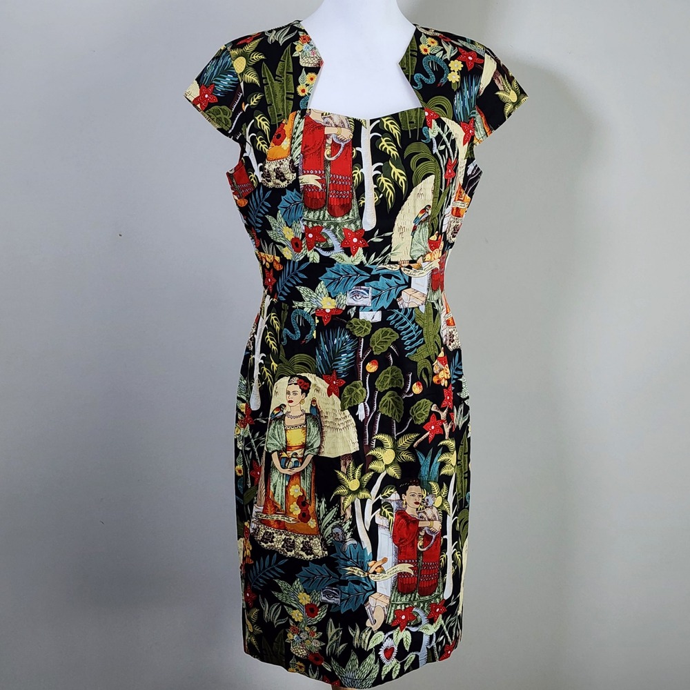 NEW Frida Kahlo Portrait Sheath Dress Medium Black Party Artsy Avant Garde Art